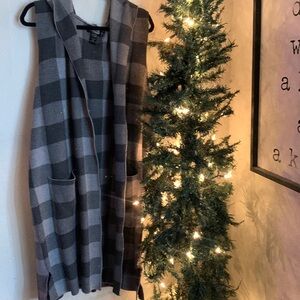 Plaid Hooded Sweater Trench Vest